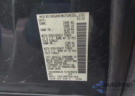 2010 Nissan Xterra Se z USA, uszkodzony, nr VIN 5N1AN0NW2AC520909